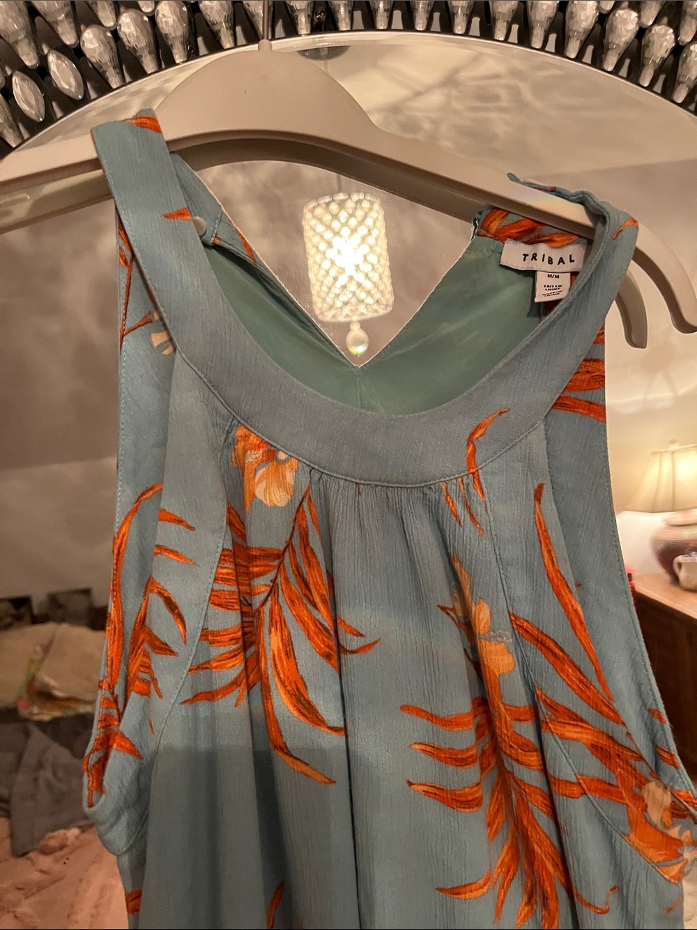 Tribal Sky Blue Sleeveless Dress with Bright Orange Floral Motif